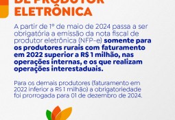 Produtor rural que faturou mais de R$ 1 milhão em 2022 precisará emitir nota fiscal de produtor eletrônica NFP-e a partir de 1º de maio de 2024